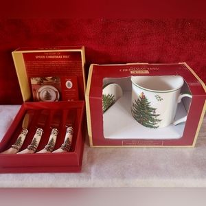☆NEW, Set of 2 Spode Christmas Tree Mug & Coaster Set and 4 Spreaders Set.☆